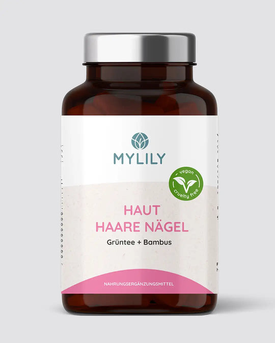 Vegane Supplements für Haut, Haare und Nägel mit Biotin, Grüntee und Bambus, bei Nährstoffmangel.