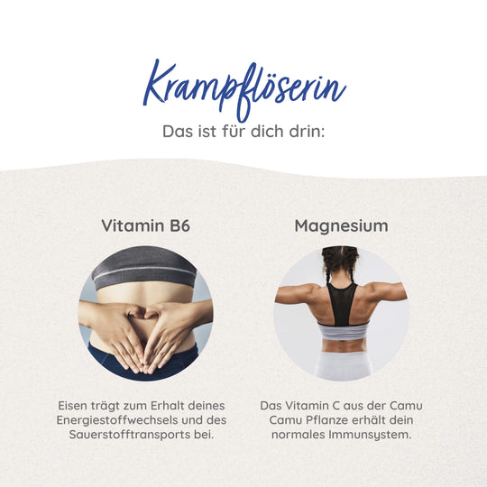 Krampflöserin Supplement mit B6 für den Erhalt des Nervensystems und zum Erhalt des Energiestoffwechsels, Magnesium für die Muskelfunktion mit Vitamin C.
