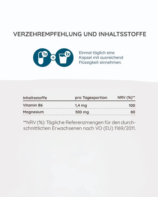 2 Kapseln B6 und Magnseium einmal täglich mit Flüssigkeit einnehmen.