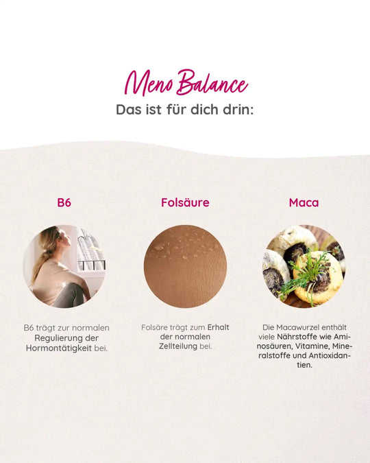 Menobalance Supplement: Vitamin B6 für Hormontätigkeit, Folsäure und Macawurzel für dein Wohlbefinden während der Menopause.