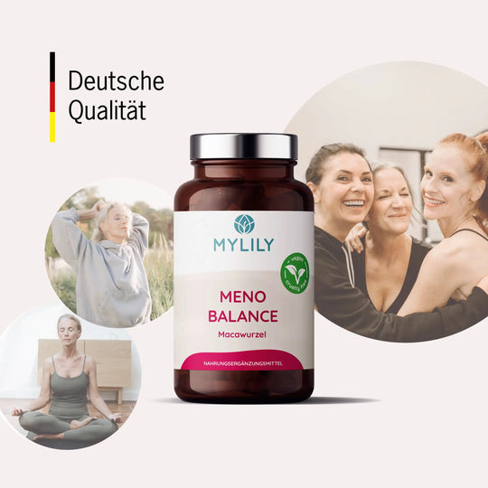 Meno Balance aus Macawurzel wird in Deutschland hergestellt und ist für Frauen in der Meno Pause geeignet. 