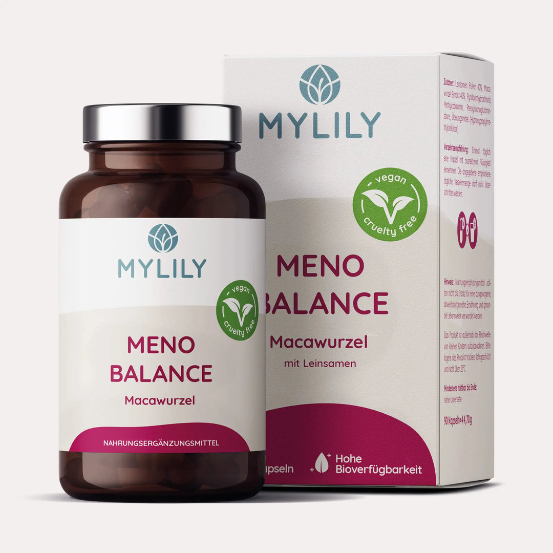 Die MYLILY Nahrungsergänzung Meno Balance mit Macawurzel unterstützt sanft bei den Wechseljahren. Die praktische Kapselform macht die Einnahme ganz einfach.