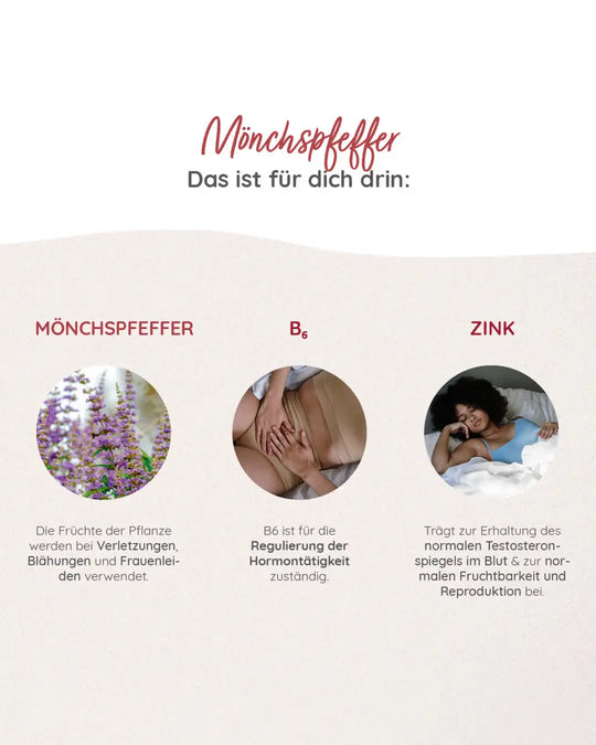 Die Nahrungsergänzung mit Mönchspfeffer, Vitamin B6 und Zink dient der Regulierung der Hormone.