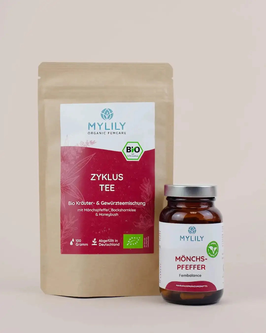 Das perfekte Zyklus Duo für einen regelmäßigen Zyklus. Mit dem MYLILY Zyklus Tee mit Bio Qualität und den Mönchspfeffer Kapseln für eine tolle Fembalance. 