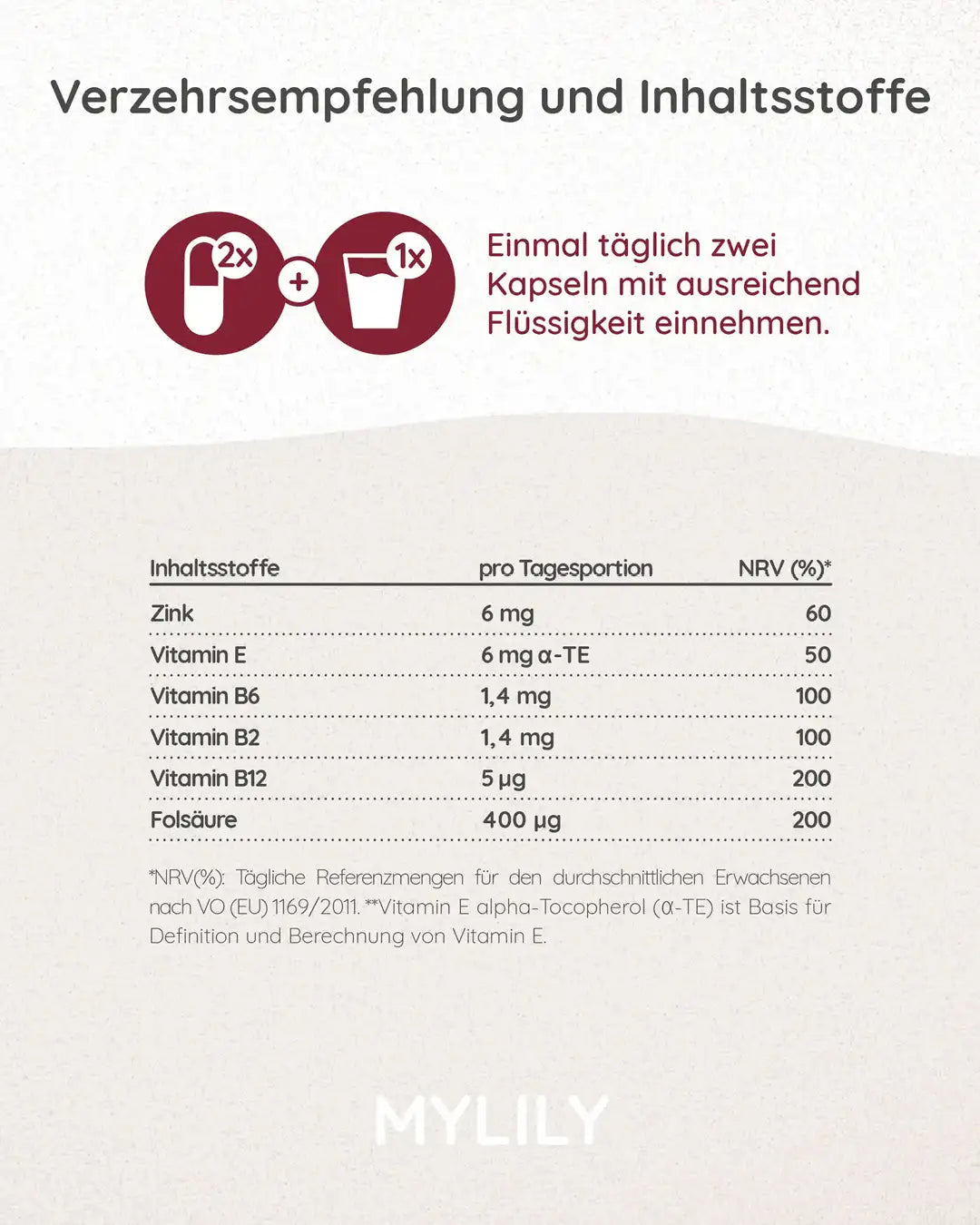 Einmal täglich zwei Kapseln mit ausreichend Flüssigkeit einnehmen. Der MYLILY Mönchspfeffer enthält Macawurzel, Mönchspfeffer, Bockshornkleesamen, Eisenkraut, MCT, Q10, Vitamin §, Vitamin B2 B6 B9 und B12 sowie Zink.