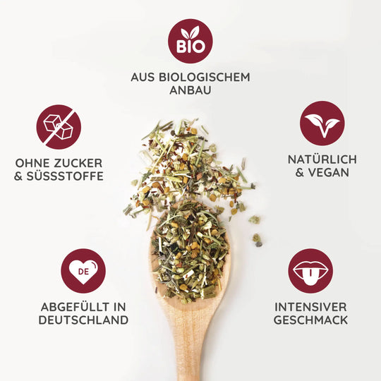 Bio Tee aus biologischen Anbau, vegan, ohne Zucker, intensiver Geschmack und abgefüllt in Deutschland