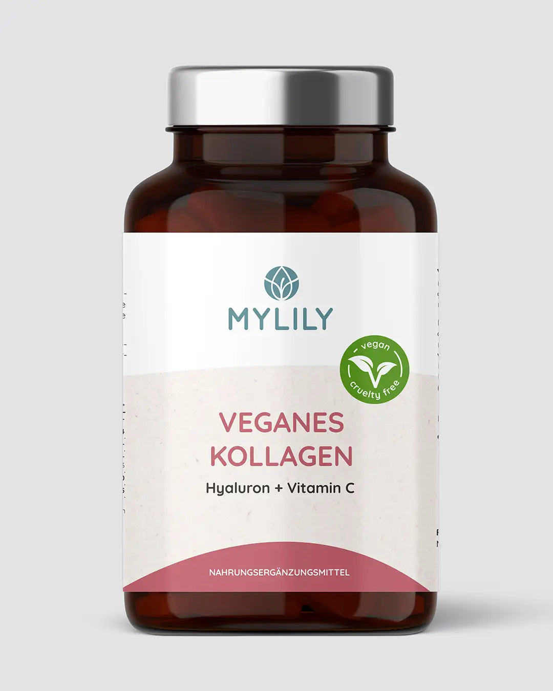 Vegane Kollagen-Kapseln in plastikfreier Packung mit Hyaluron und Vitamin C für straffe, feuchte Haut.