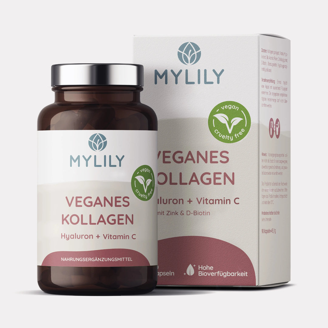 Unsere veganes Kollagen Kapseln mit Hyaluron strafft deine Haut und schenkt dir Feuchtigkeit. Gegen trockene und unreine Haut jetzt mit Hyaluron und Vitamin C. Bei MYLILY Nahrungsergänzung kaufen. 