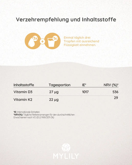 Verzehrempfehlung: Für die tägliche Einnahme geeignet mit 3x Tropfen und 1x Glas Wasser dazu.  