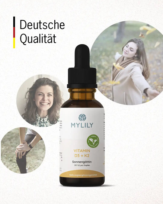 Die MYLILY Sonnengöttin, unsere Vitamin D Tropfen werden in Deutschland hergestellt.