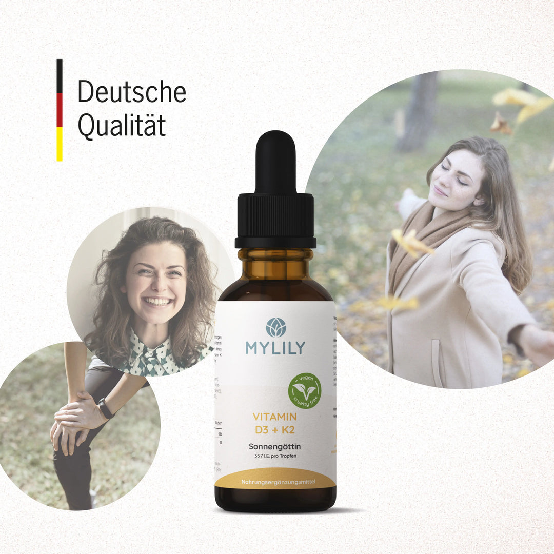 Die MYLILY Sonnengöttin, unsere Vitamin D Tropfen werden in Deutschland hergestellt.