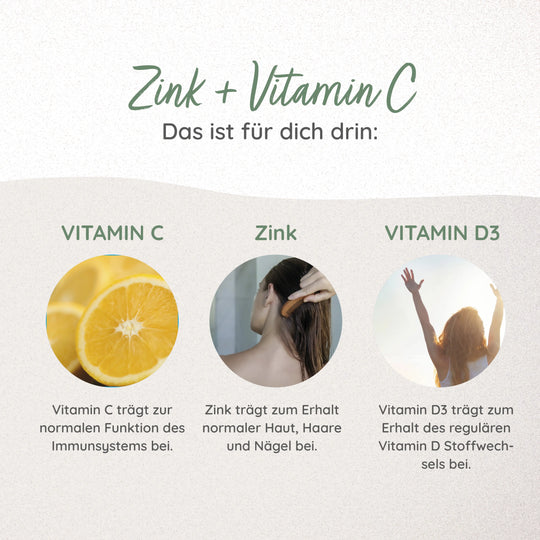 Inhaltsstoffe Alltagsheldin: Vitamin C, Zink, Vitamin D3 für dein Immunsystem, deinen Stoffwechsel und zum Erhalt gesunder Haut, Haare und Nägel. 