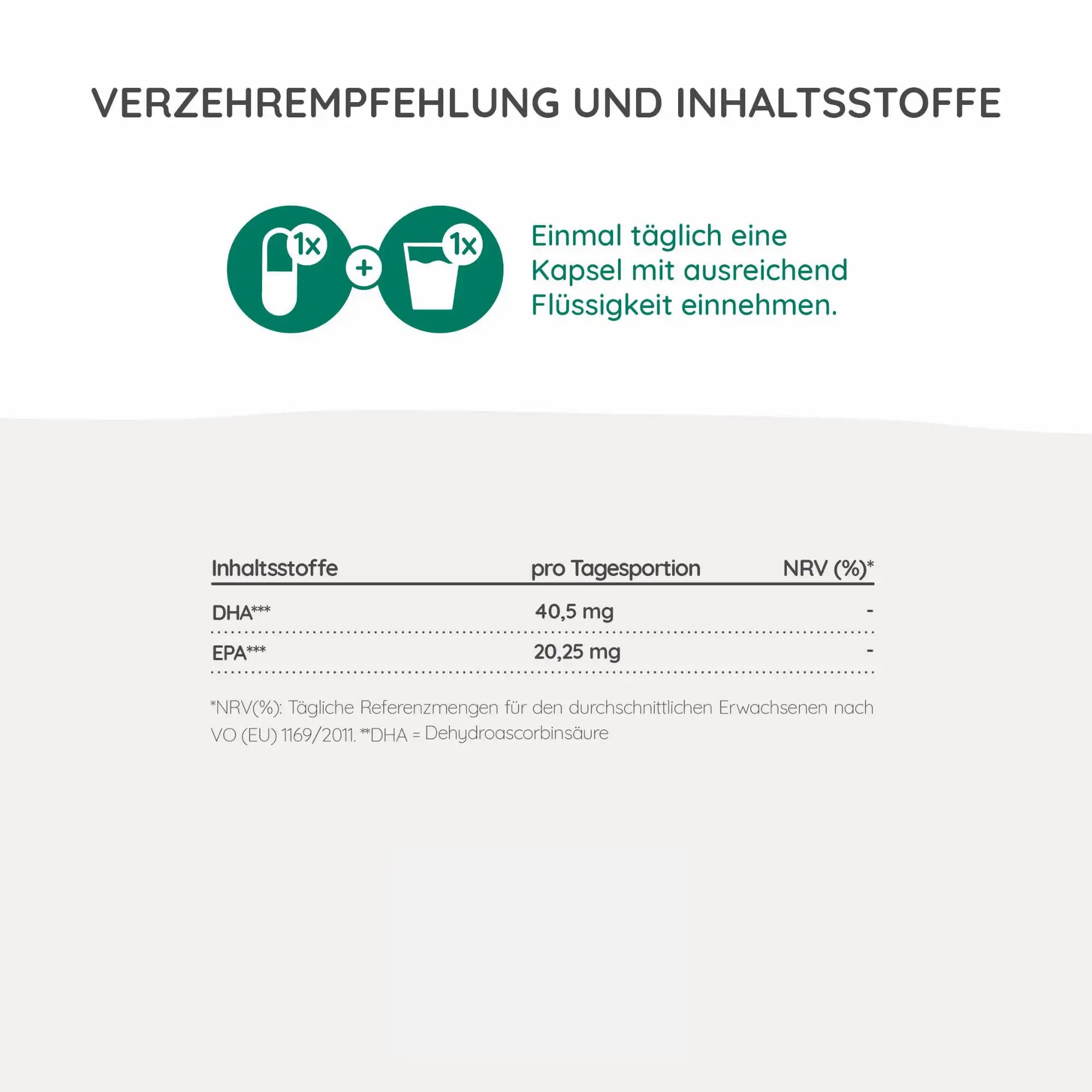 Täglich eine Kapsel des veganen omega 3 mit ausreichend wasser einnehmen für die optimale Unterstützung. 