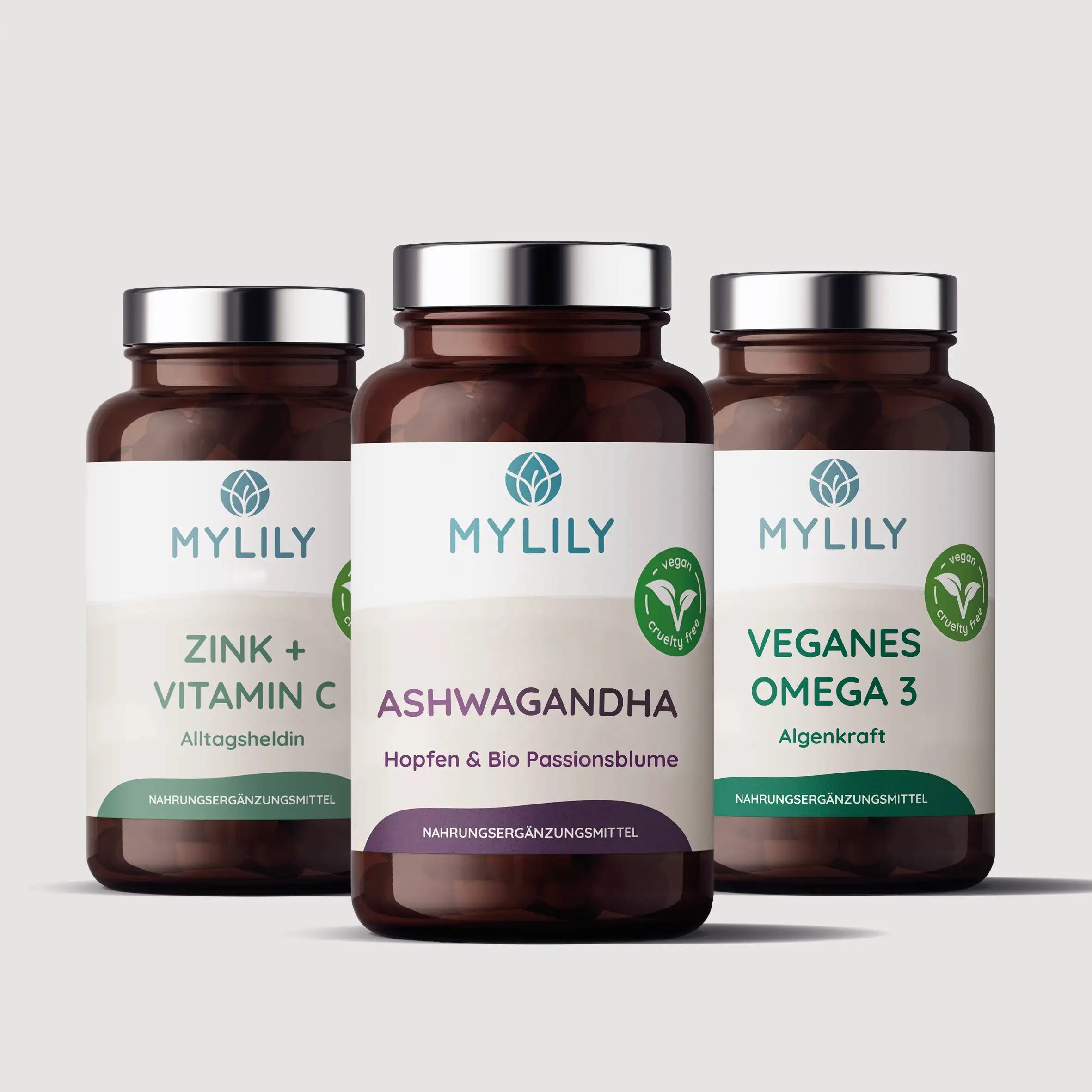 Anti Stress Set mit Bio Ashwagandha, Vitamin B, Zink und Vitamin C, Veganes Omega 3