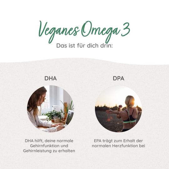 Veganes Omega 3 enthält DHA, EPA für dein Gehirn, Herz und Entwicklung des Gehirns des Fötus