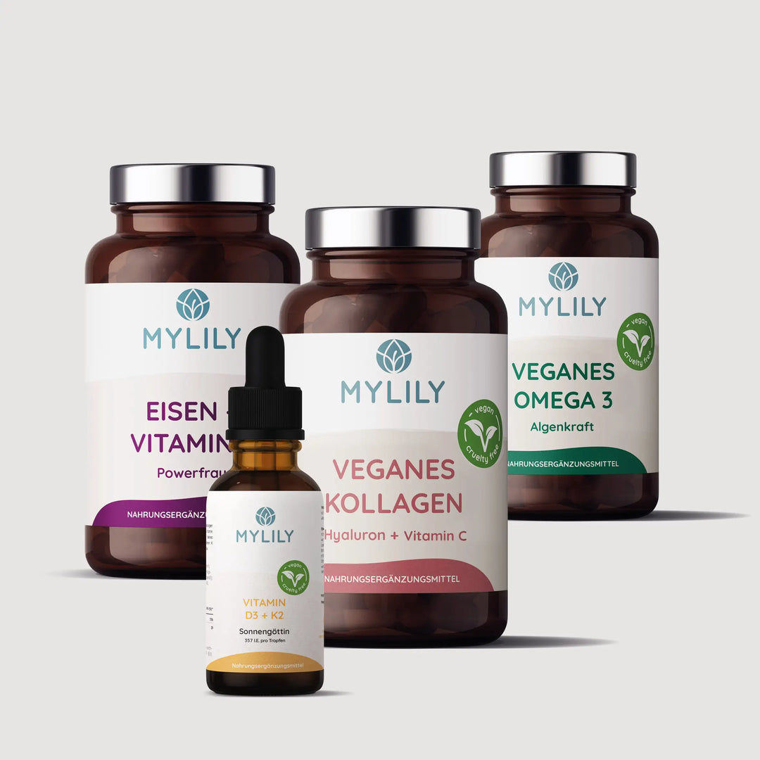 Das vegane Nahrungsergänzungsmittel Starterpack mit veganem Kollagen, Eisen und Vitamin C, veganem Omega 3 und Vitamin D3 mit K2