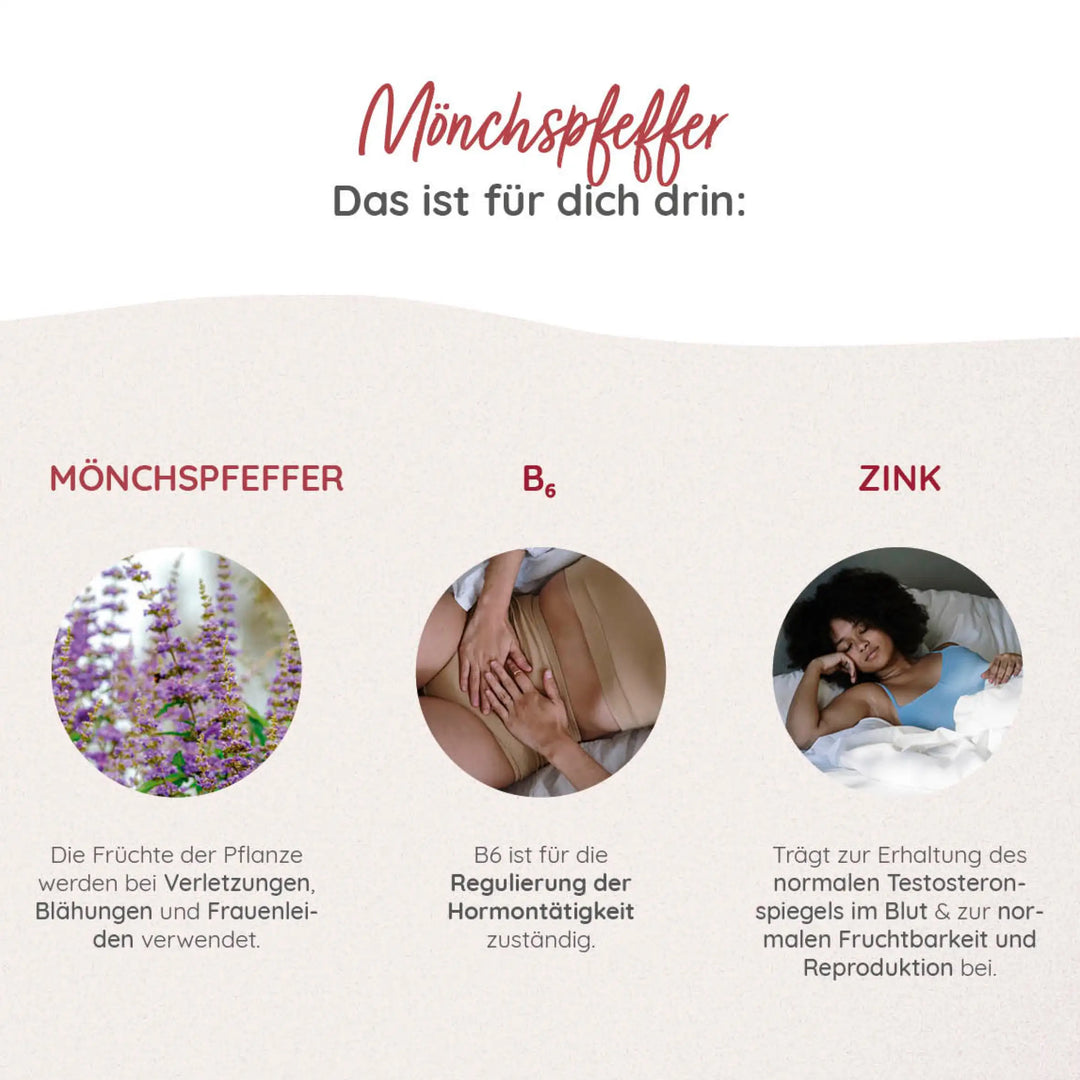 Der Mönchspfeffer ist dafür bekannt bei Zyklusbeschwerden unterstützend zu wirken. Mit Mönchspeffer und B6 und Zink jetzt für die Frauengesundheit. 