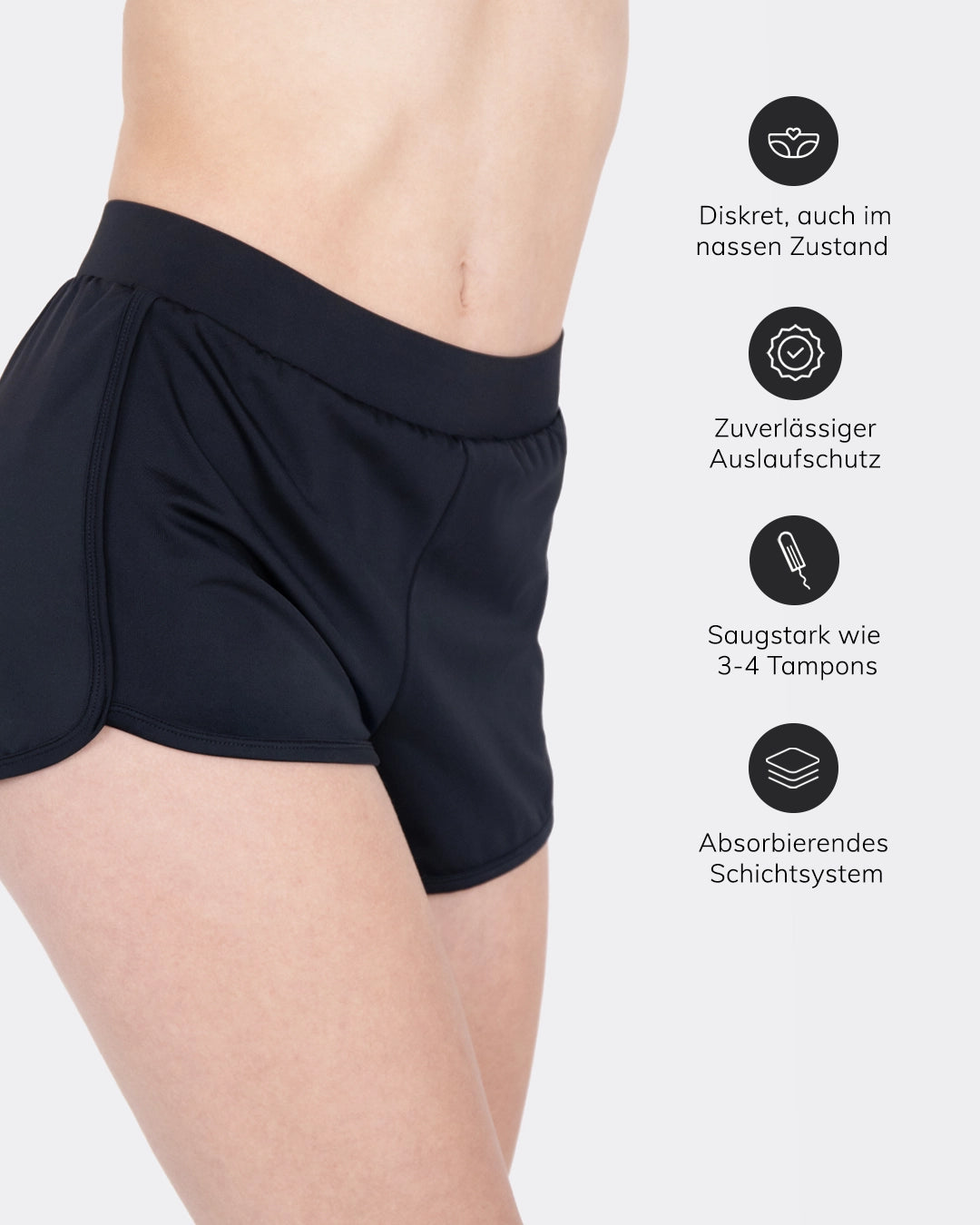 MYLILY Perioden Badeshorts Schwarz – diskret im Wasser, Auslaufschutz, absorbierendes Schichtsystem