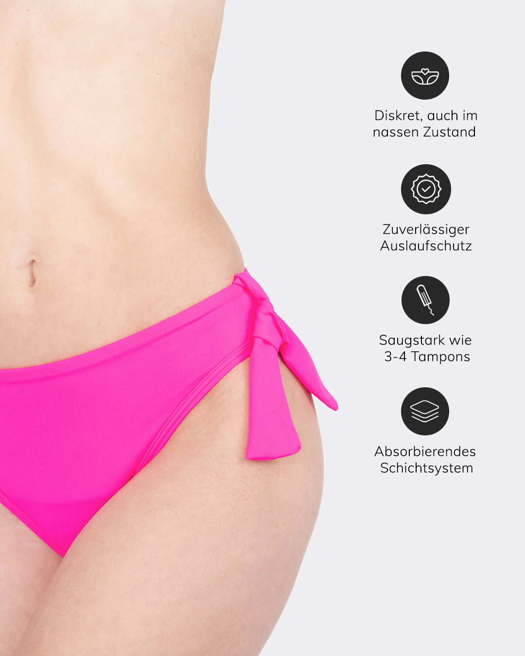 MYLILY Perioden Bikini Hose Pink Seitenknoten – diskret im Wasser, Auslaufschutz, absorbierendes Schichtsystem