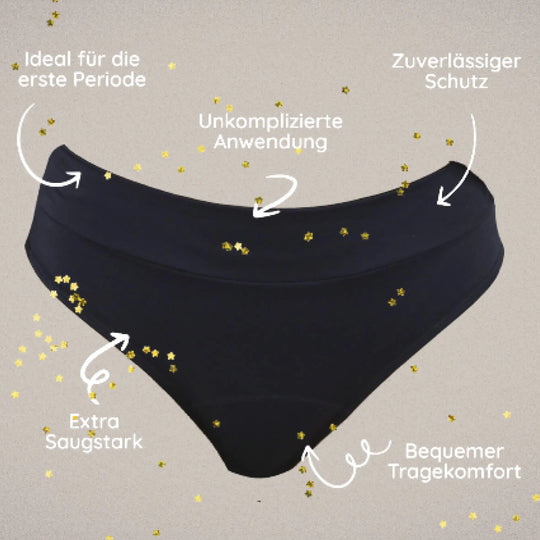 Die Teens Bikini Hose ist ideal für die erste Periode mit zuverlässigem Schutz und bequemem Tragekomfort. #farbe_schwarz