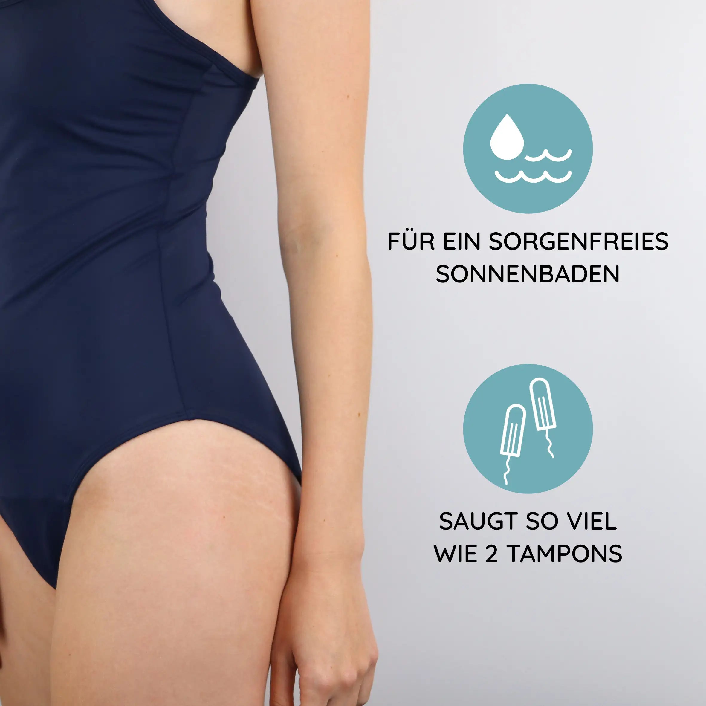 Unsere Perioden Bademode für sorgenfreies Sonnenbaden mit einer Saugkraft von bis zu 2 Tampons.  #farbe_dunkelblau