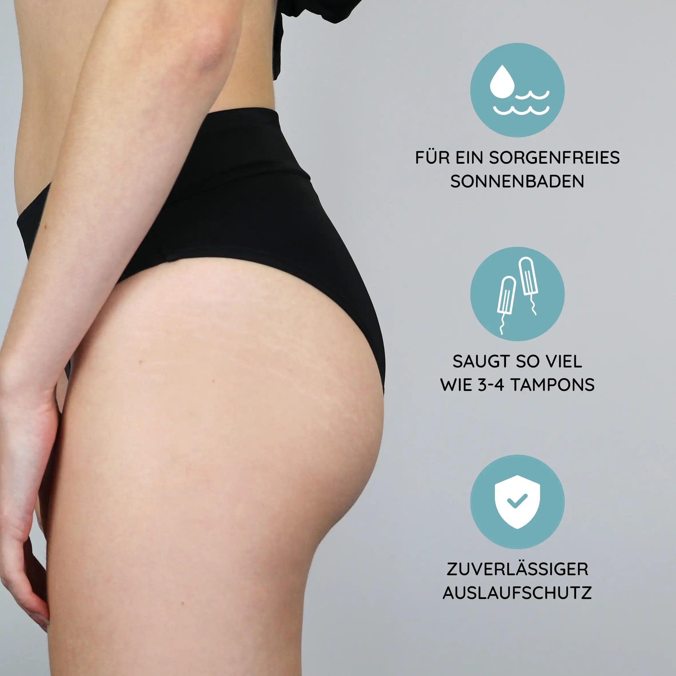 Die Basic Perioden Bikinihose mit einer Saugkraft von 3 bis 4 Tampons. Sie bietet dir einen zuverlässigen Auslaufschutz. #farbe_schwarz