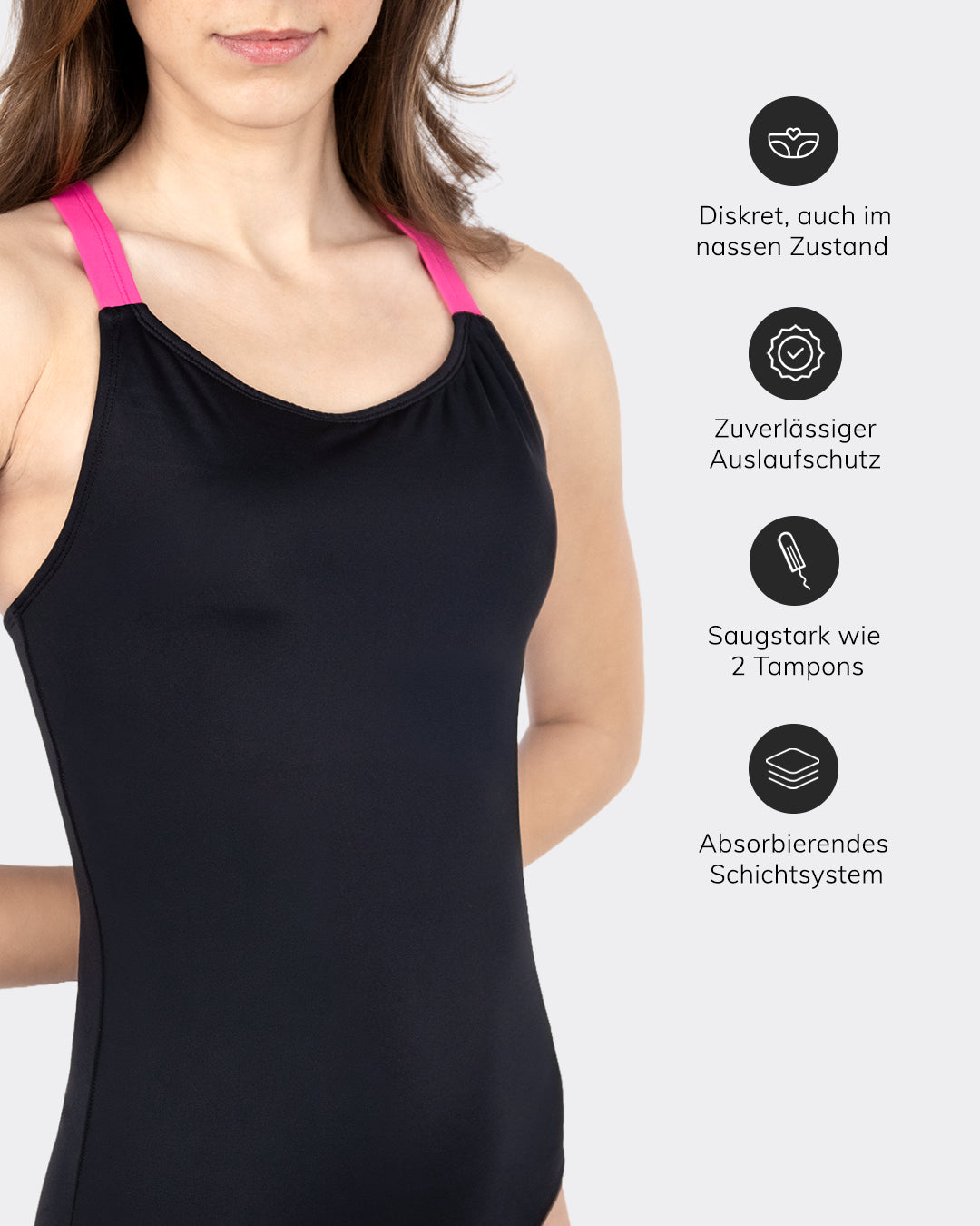 MYLILY Perioden-Badeanzug schwarz-pink Features: diskret im nassen Zustand, zuverlässiger Auslaufschutz, saugstark wie 2 Tampons, absorbierendes Schichtsystem – sportlicher Crossed-Back-Einteiler