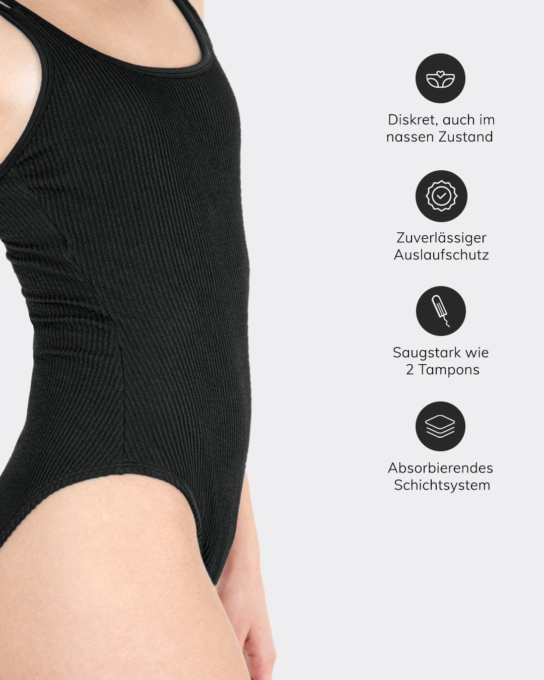 MYLILY Crinkle Perioden-Badeanzug schwarz Features: diskret im nassen Zustand, zuverlässiger Auslaufschutz, saugstark wie 2 Tampons, absorbierendes Schichtsystem – Einteiler Periodenbademode