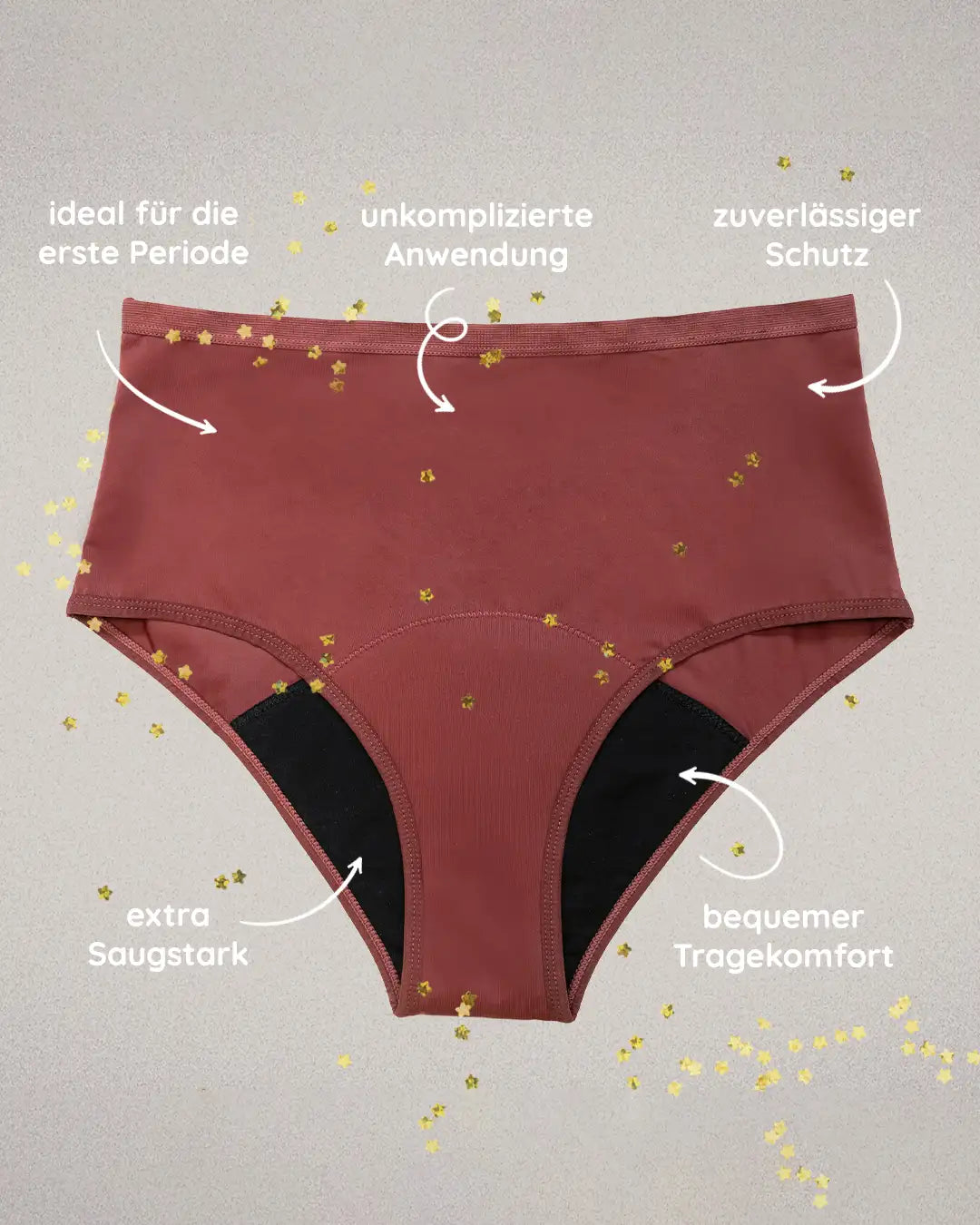 Unsere Periodenunterwäsche für Teens. Modell: High Waist Teens hat eine Saugkraft von 4 Tampons, ein auslaufsicheres Gewebe, ist nachhaltig & vegan und wiederverwendbar. Unsere Periodenslips sind leicht waschbar. #farbe_hagebutte