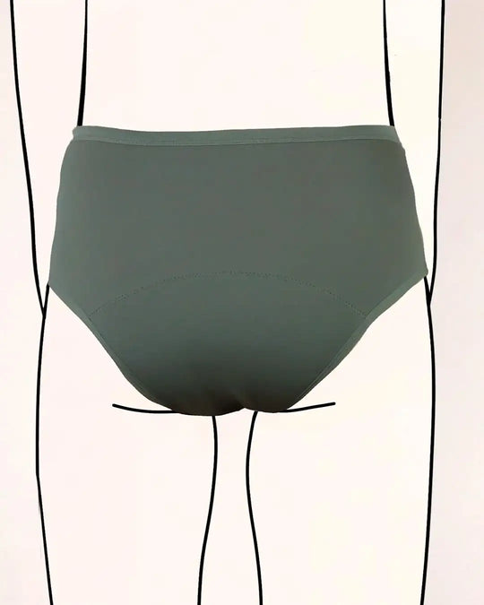 Hintere Ansicht des High Waist unserer Periodenunterwäsche für Teenager. Für die Menstruation von Mädchen. Mit sicherem Auslaufschutz, Biozidfreie Menstruationsunterwäsche #farbe_salbei