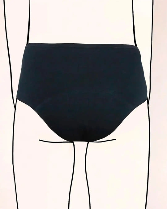 Hintere Ansicht der High Waist Periodenunterwäsche für Teenager. Für die Menstruation von Mädchen. Biozidfreie Menstruationsunterwäsche.