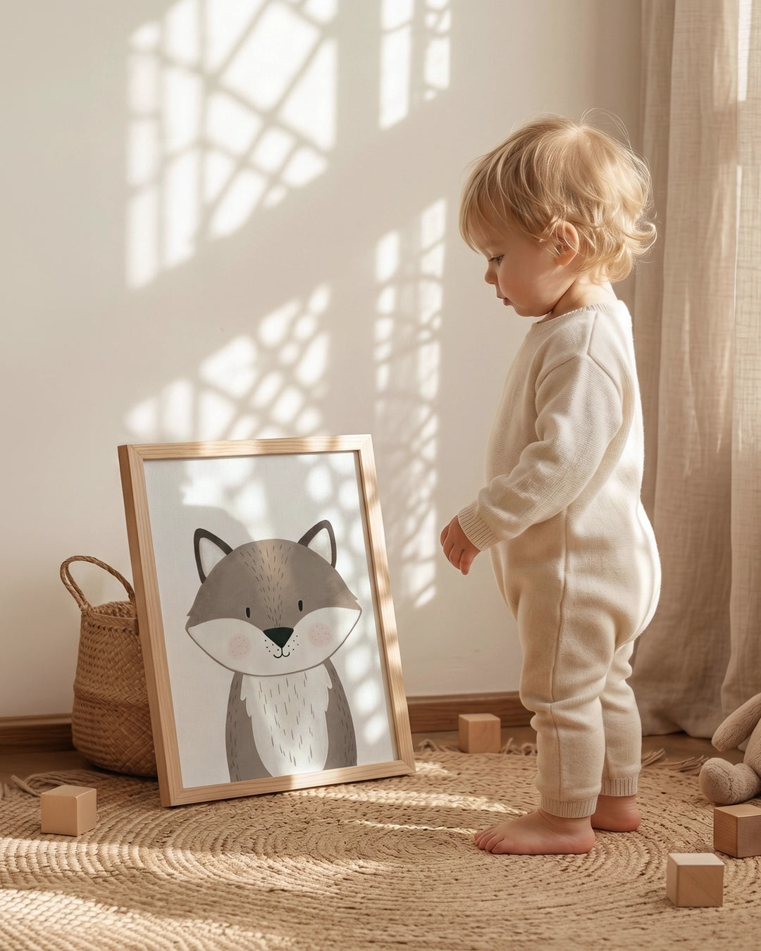 Kleinkind betrachtet gerahmtes Fuchs-Poster im gemütlichen Kinderzimmer mit Sisal-Teppich und Holzspielzeug