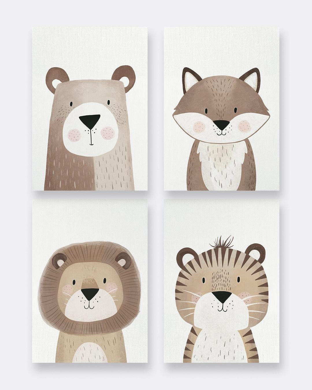 Kinderzimmer Poster Set mit 4 niedlichen Tiermotiven – Bär, Fuchs, Löwe und Tiger im minimalistischen Aquarell-Stil