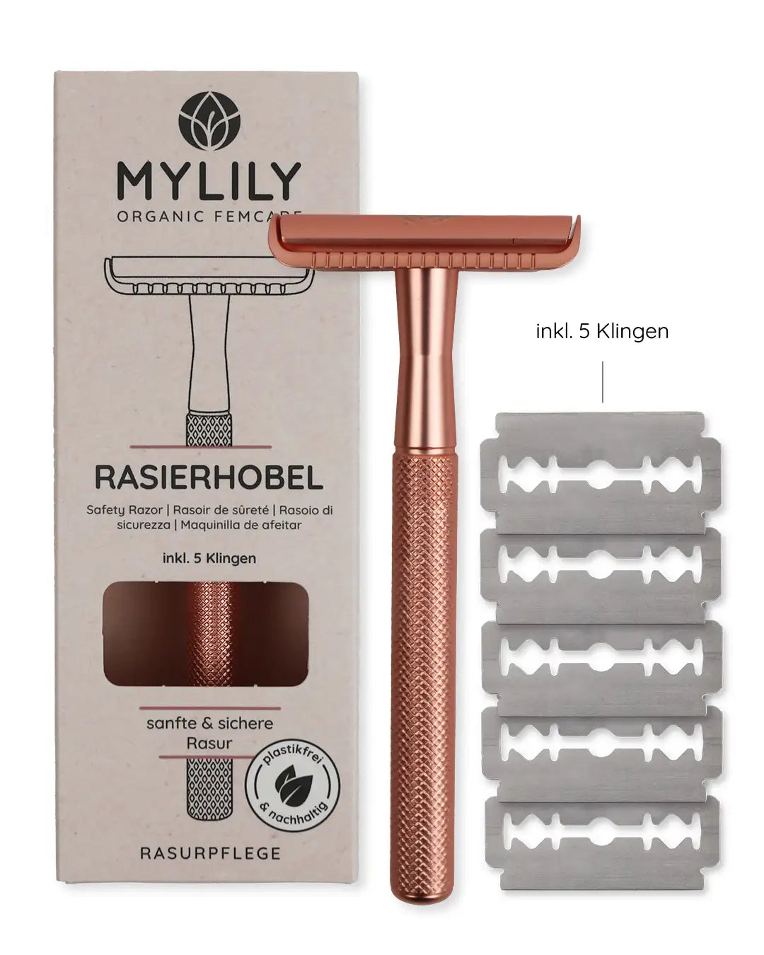 MYLILY Rasierhobel für nachhaltige Intimrasur ohne Pickel. Zero-Waste Nassrasierer in Rosegold.