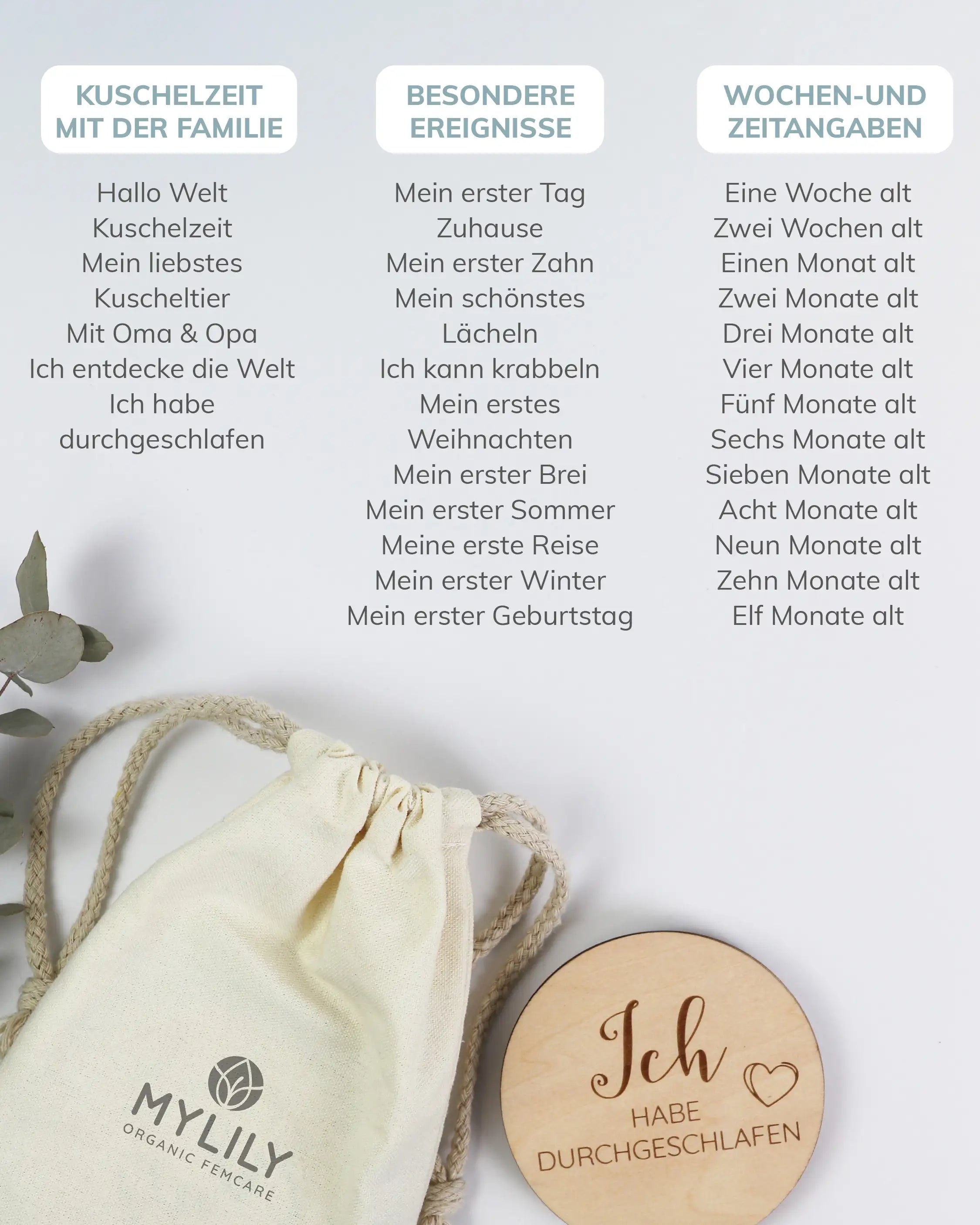 Meilensteinkarten-Set: ‚Kuschelzeit‘, ‚Ereignisse‘ & ‚Zeitangaben‘, inkl. Gravuren wie ‚Hallo Welt‘ & Beutel mit MyLily-Logo.