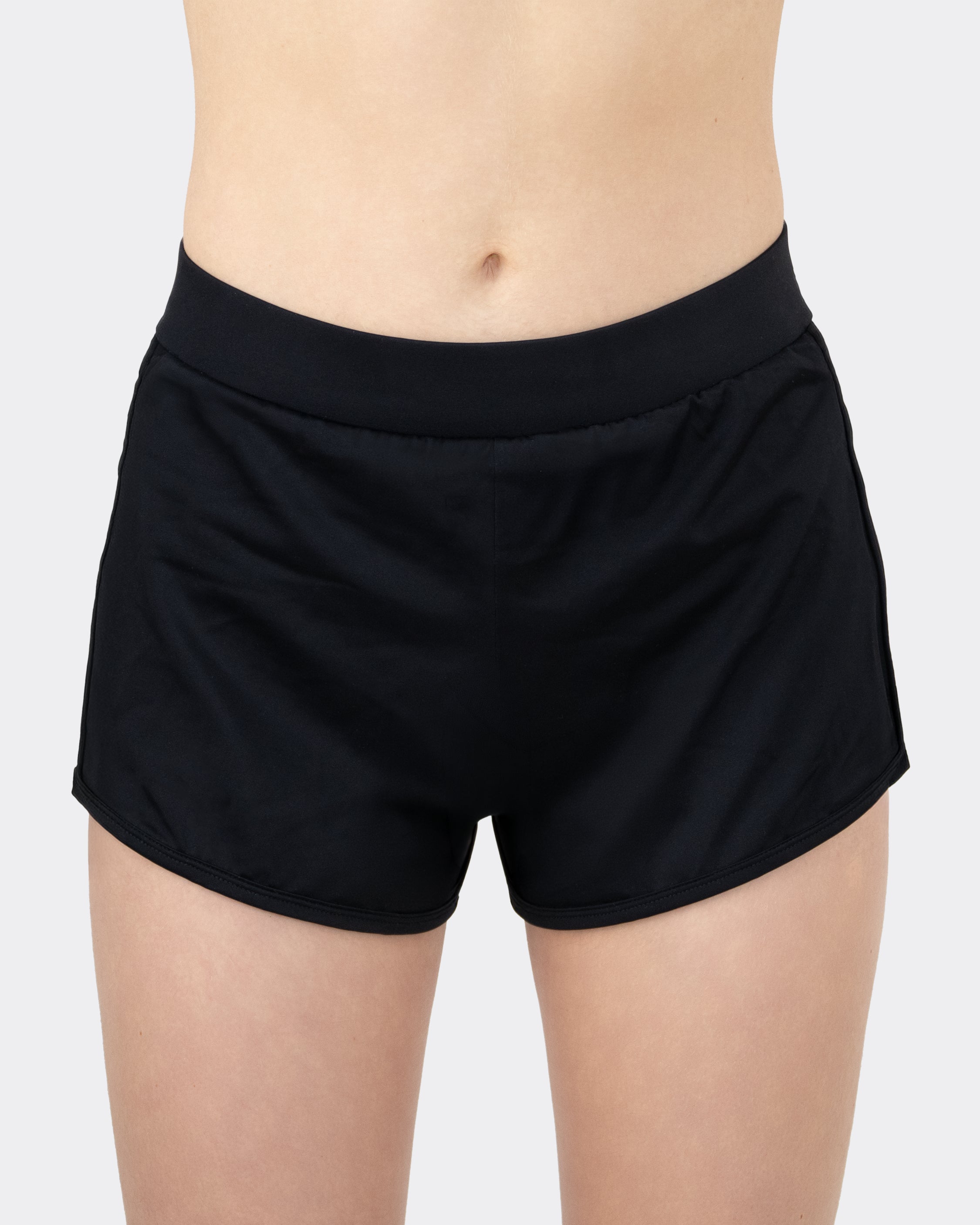 MYLILY Teens Perioden Badeshorts Schwarz – Frontansicht mit breitem Elastikbund