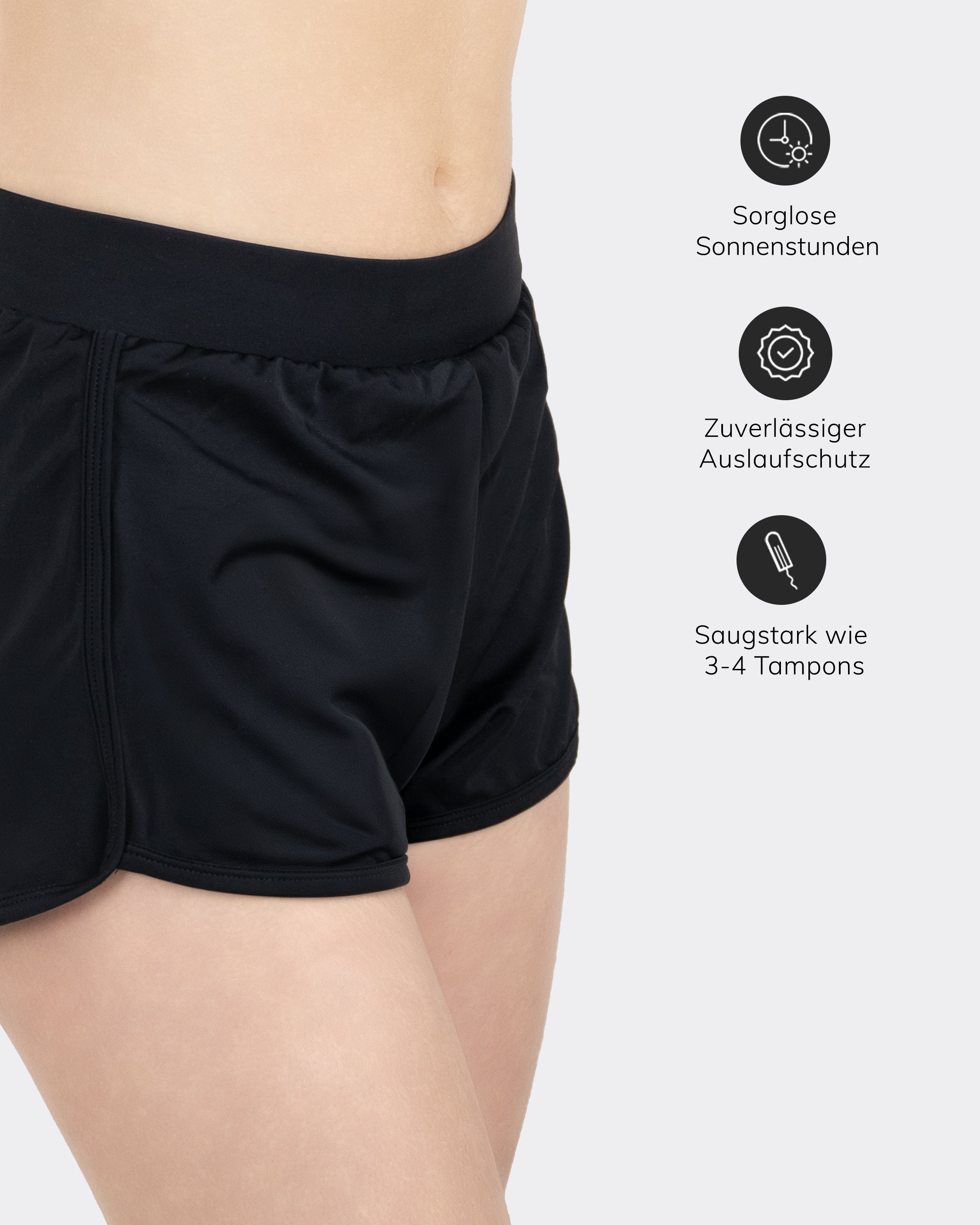 MYLILY Teens Perioden Badeshorts Schwarz – Auslaufschutz, saugstark wie 3–4 Tampons