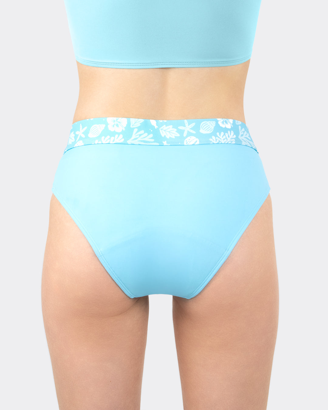 MYLILY Teens Perioden Bikini Hose Hellblau mit Meeresprint-Bund – Rückenansicht