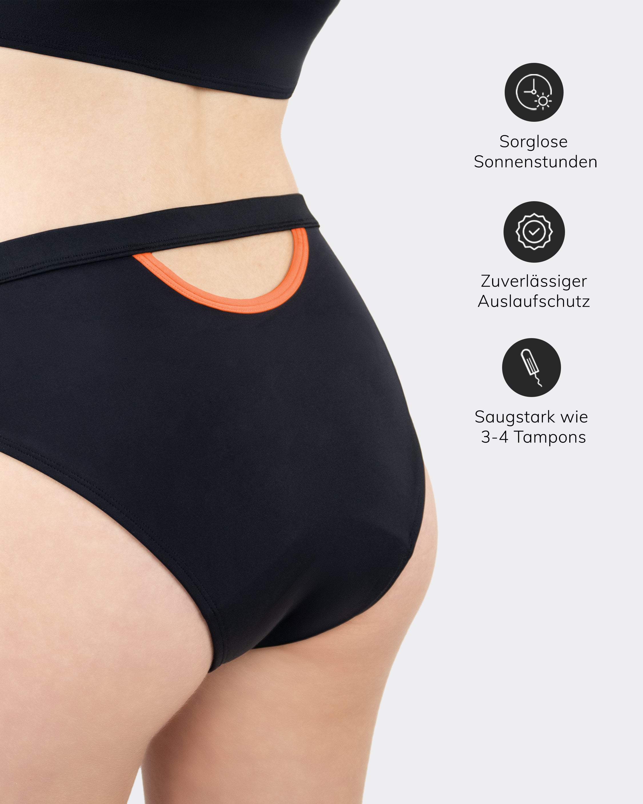 MYLILY Perioden Bikini Hose Cut-Out Schwarz-Orange – Auslaufschutz, saugstark wie 3–4 Tampons