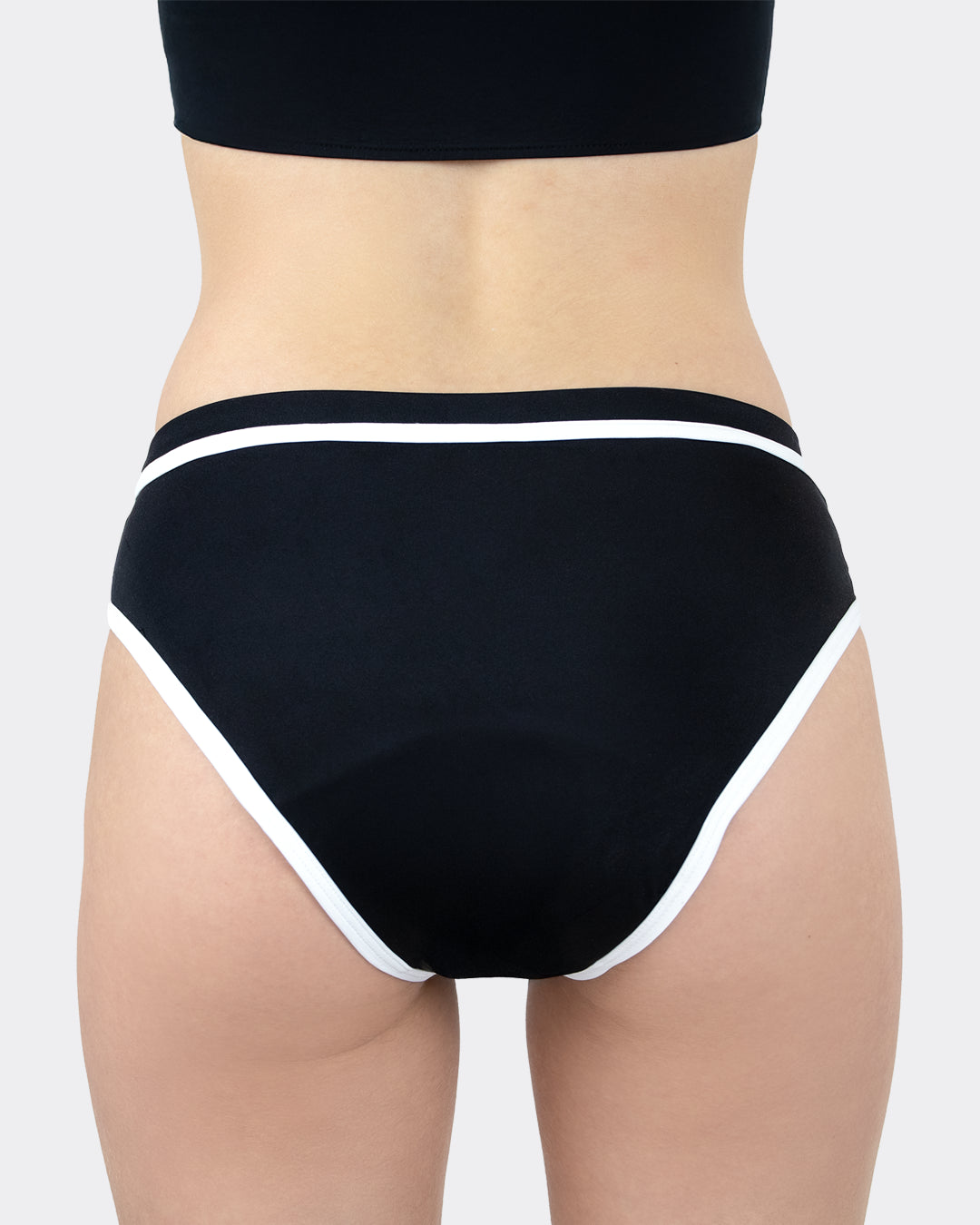 MYLILY Teens Perioden Bikini Hose Schwarz mit weißem Paspel – Rückenansicht