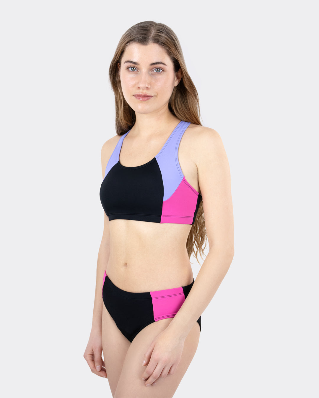 MYLILY Teens Sportiv Bikini Set Schwarz-Pink-Lila – Perioden Bademode mit Racerback-Oberteil