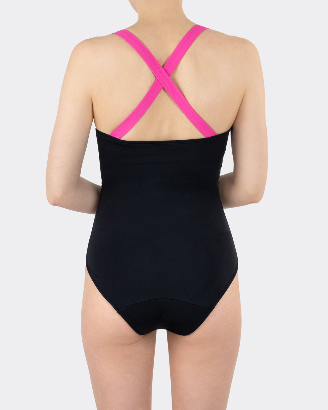 Periodengerechter Badeanzug schwarz mit pinken Crossback-Trägern, Rückansicht – mylily Period Swimwear