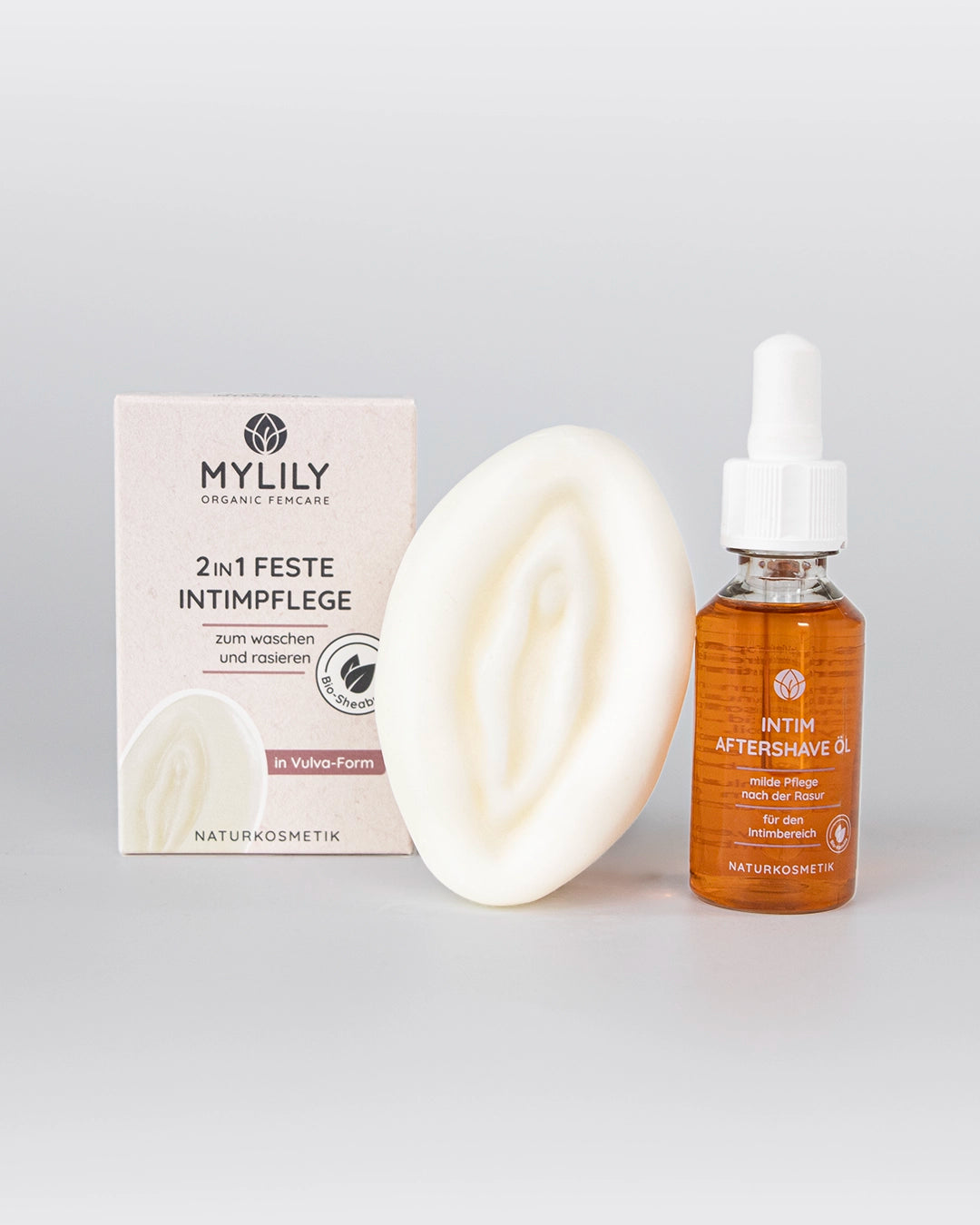 MYLILY Vulva Care Set mit der festen Intimseife und dem Aftershave Intim Öl.
