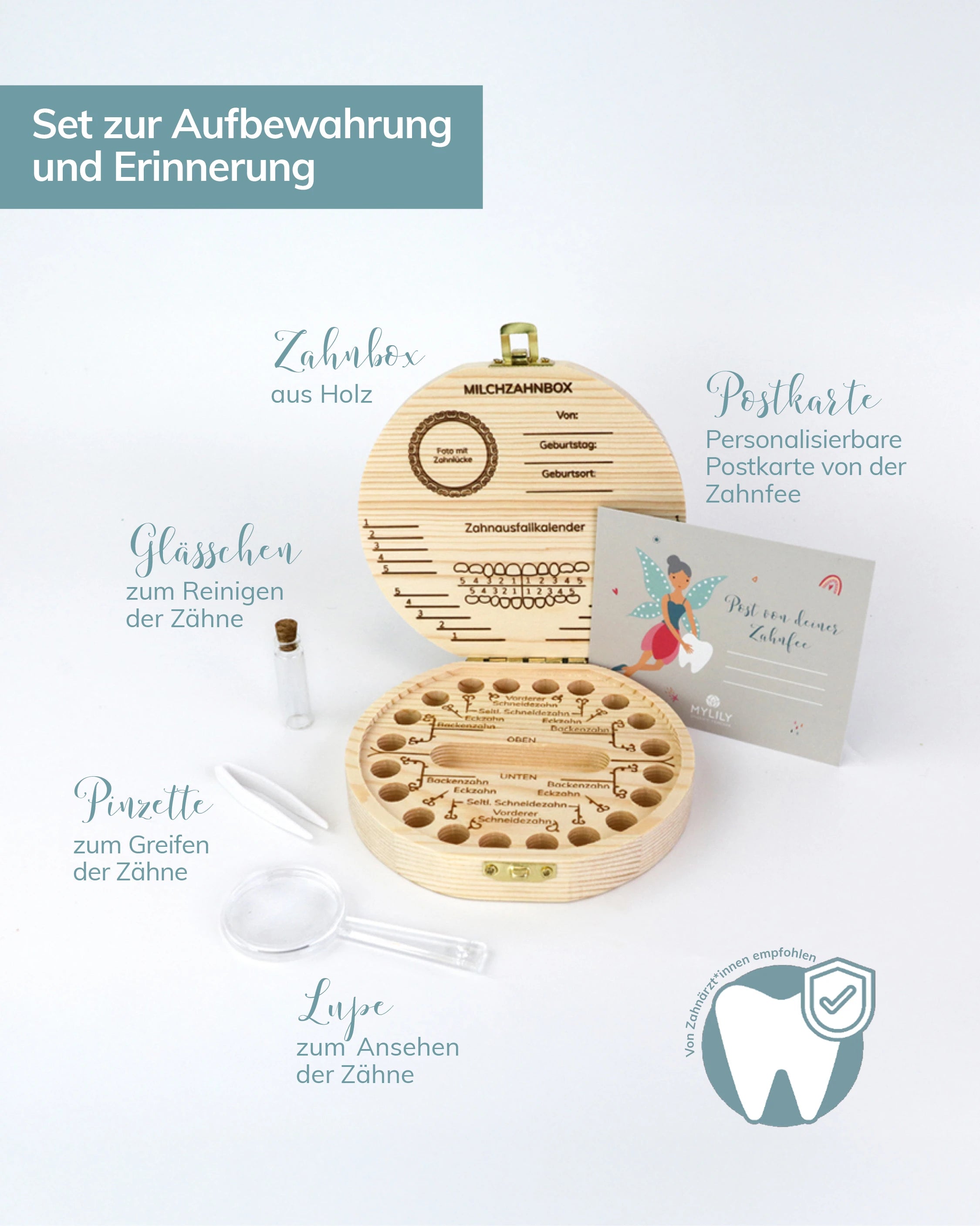 Die Milchzahnbox aus Kiefernholz enthält personalisierbare Postkarten, eine Lupe, eine Pinzette und ein Zahnreinigungsglas.