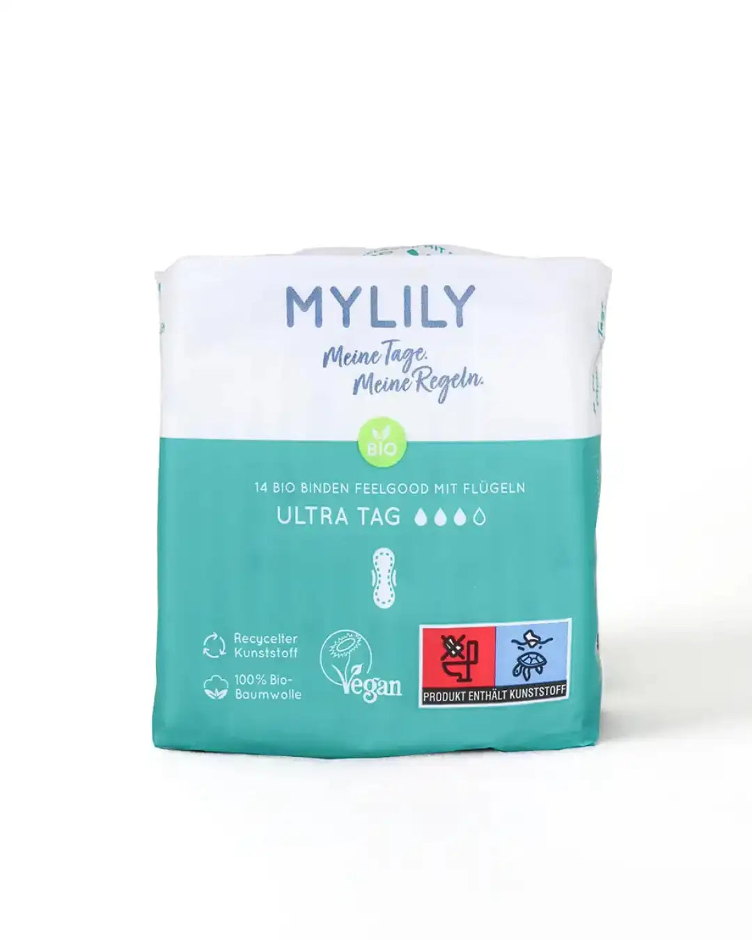 Die MYLILY Binden Tag beinhalten 14 Bio Binden und sind perfekt geeignet für die Nutzung am Tag. Der Kunststoffanteil ist recycelt, die Baumwolle ist zu 100% Bio und es handelt sich um ein veganes Produkt.