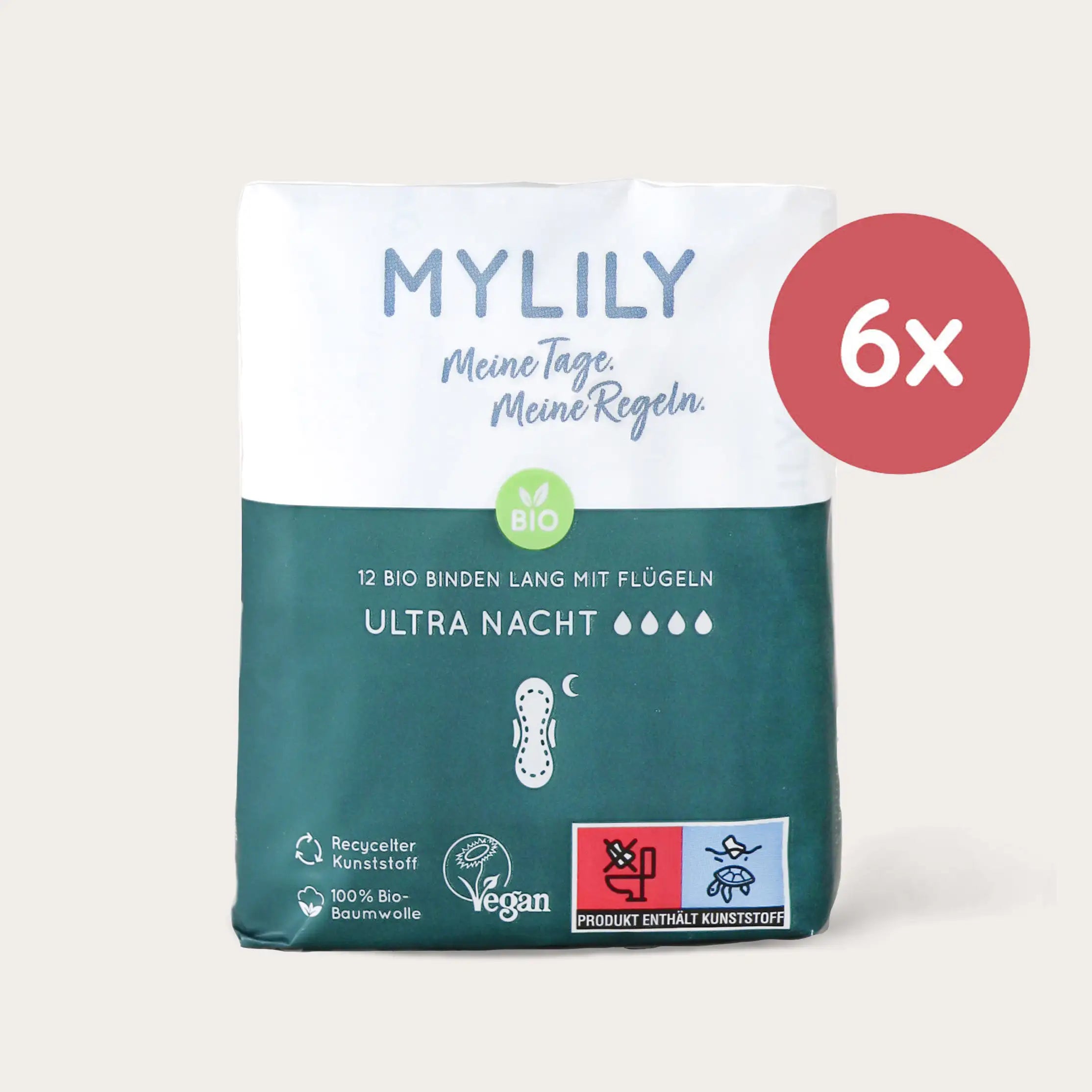 Die MYLILY Binden Nacht beinhalten 12 super lange Bio Binden mit Flügeln und sind perfekt geeignet für die Nutzung in der Nacht dank starker Saugkraft. Der Kunststoffanteil ist recycelt, die Baumwolle ist zu 100% Bio und es handelt sich um ein veganes Produkt.