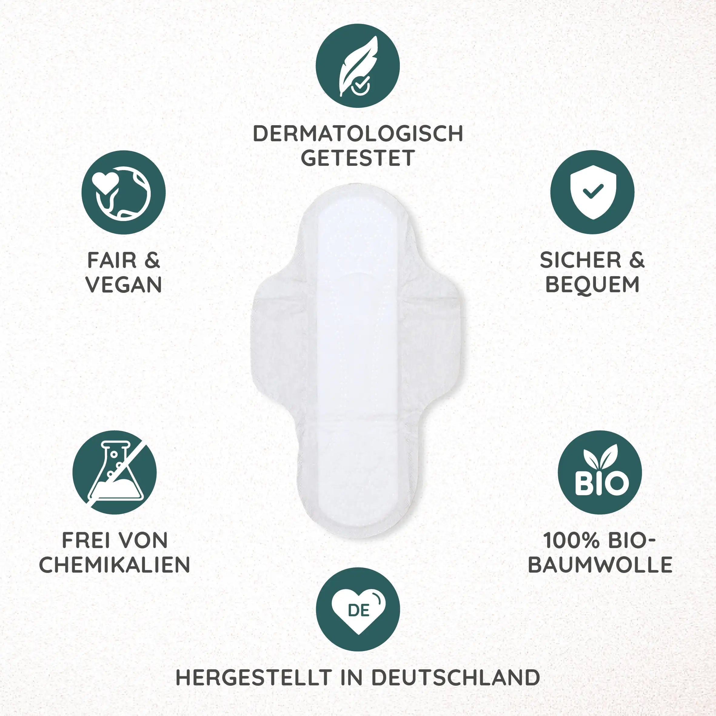 Unsere MYLILY Bio Binden sind vegan, dermatologisch getestet, sicher und bequem, aus 100% Bio Baumwolle, frei von Chemikalien und hergestellt in Deutschland.