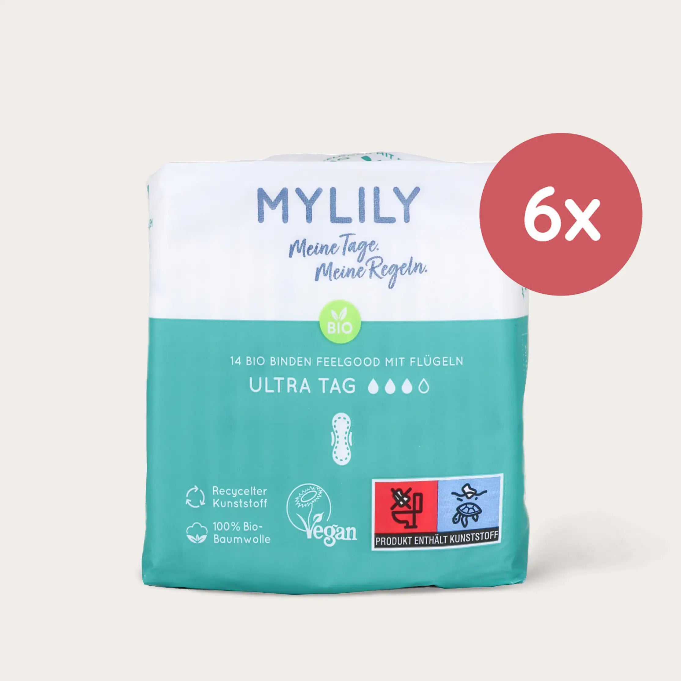 Die MYLILY Binden Tag beinhalten 14 Bio Binden und sind perfekt geeignet für die Nutzung am Tag. Der Kunststoffanteil ist recycelt, die Baumwolle ist zu 100% Bio und es handelt sich um ein veganes Produkt.