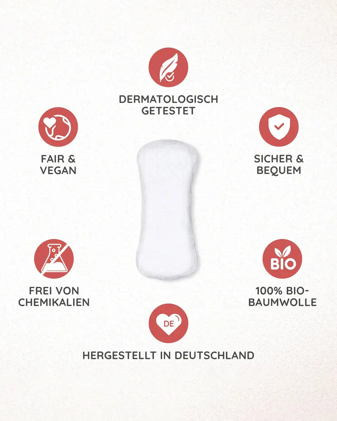 Unsere Bio Binden sind dermatologisch getestet, sicher und bequem aus 100% Bio-Baumwolle, hergestellt in Deutschland, fei von allen Chemikalien und zudem fair und vegan.