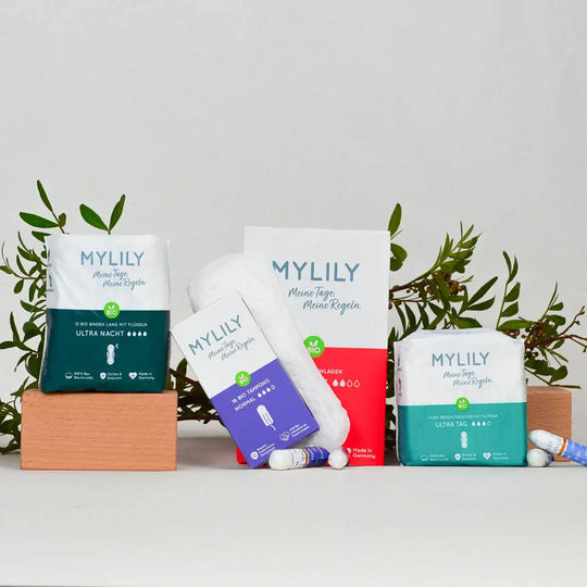 Biostarter Kit für die Periode | Auswahl an Periodenprodukten von MYLILY | Binden; Tampons; Slipeinlagen für die Menstruation an leichten und starken Tagen